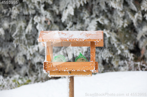 Image of bird house or bird feeder in winter garden
