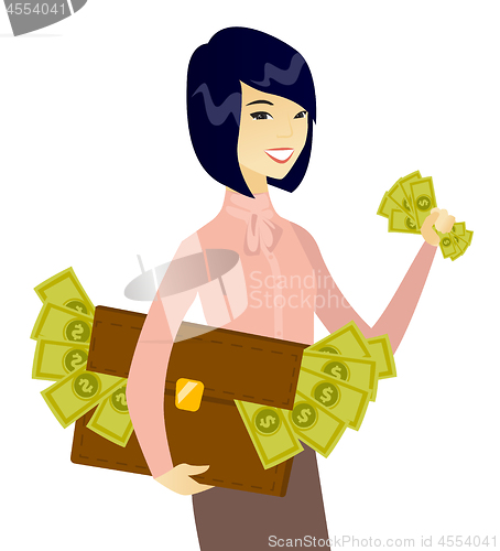 Image of Asian business woman with briefcase full of money.