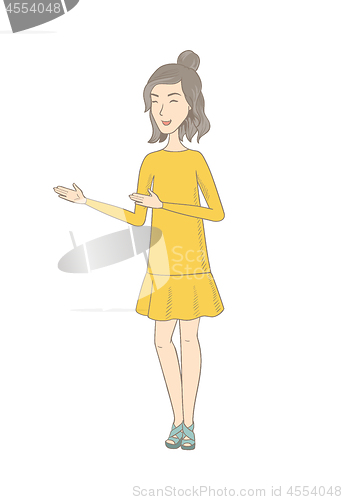 Image of Young caucasian happy hippie woman gesturing.