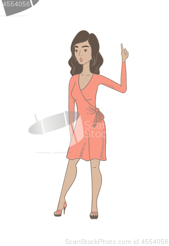 Image of Hispanic woman with open mouth pointing finger up.