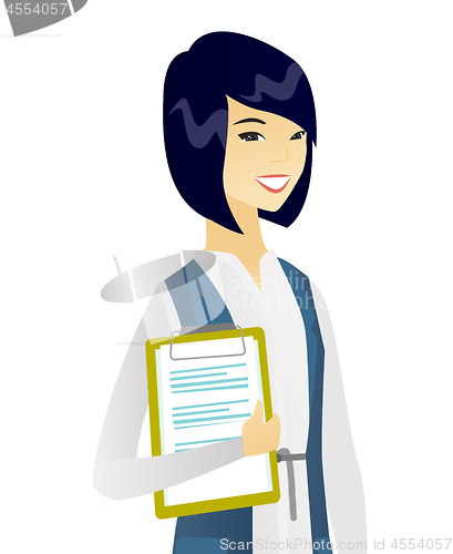 Image of Business woman holding clipboard with documents.