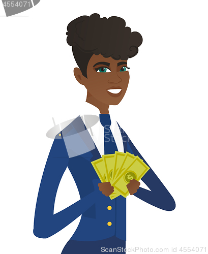 Image of Young african-american stewardess holding money.