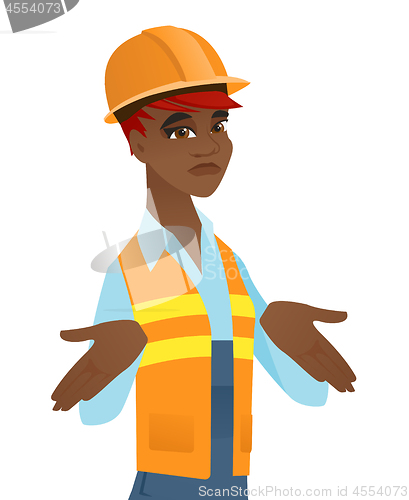 Image of Confused african builder shrugging shoulders.