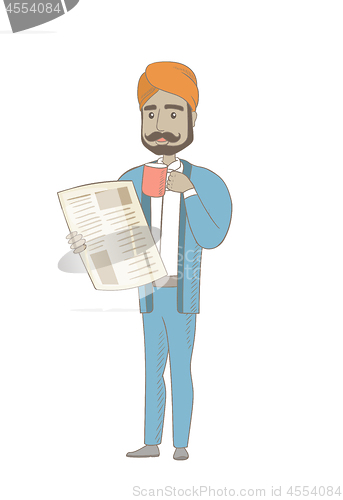 Image of Businessman drinking coffee and reading newspaper.