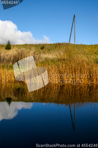 Image of Autumn landscape with colorful trees, yellow grass and river. Re