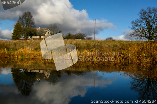 Image of Autumn landscape with colorful trees, yellow grass and river. Re