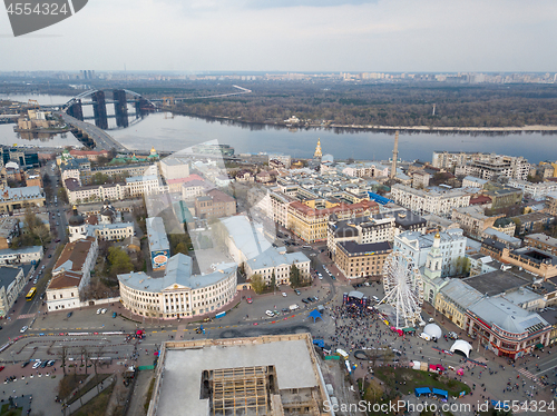 Image of A bird\'s eye view from drone of the Podol district, the Dnieper River in the city of Kiev, Ukraine.