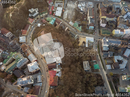 Image of A bird\'s eye view, aerial view shooting from drone of the Podol district, oldest historical center of Kiev, Ukraine.