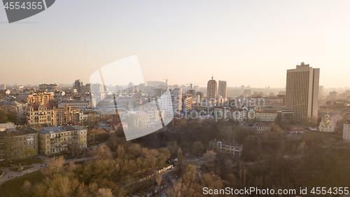 Image of Panoramic aerial view from the drone, a view of the bird\'s eye view of the the central part of the city of Kiev, Ukraine with churches and the old buildings of the city.