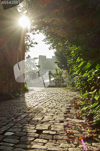 Image of Street with old traditional houses and filigree sidewalk