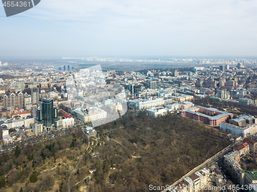 Image of Kiev, Ukraine - April 7, 2018: landscape view of the city of Kiev from aerial view. University of Shevchenko, Botanical Garden