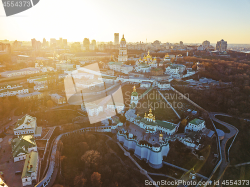 Image of The Kiev Pechersk Lavra with historical cathedral of the monastery. Panoramic photography from the drone.