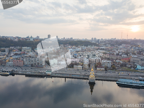 Image of Kiev, Ukraine: 15 April, 2018 - Church of St. Nicholas the Wonderworker on Dnieper River on sunset, photography from drone