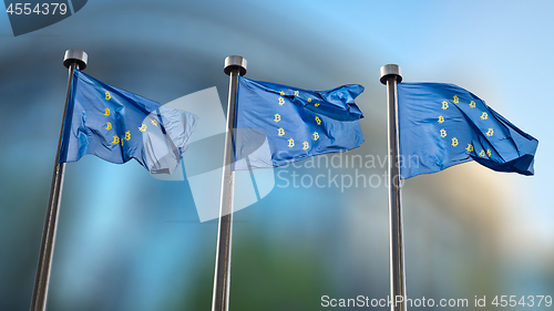 Image of Three blue flag with Bitcoin Currency Symbol