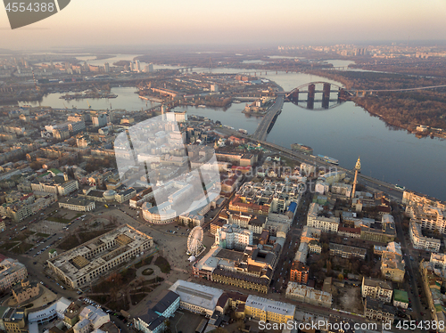 Image of Aerial view of the Kiev city with Dnieper river, bridges and Obolon district in the background, Ukraine