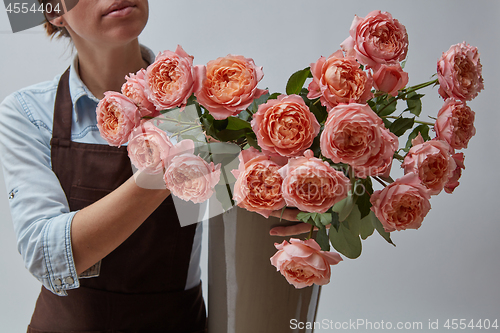 Image of Girl florist in a brown apron with a vase of pink roses on a gray background.