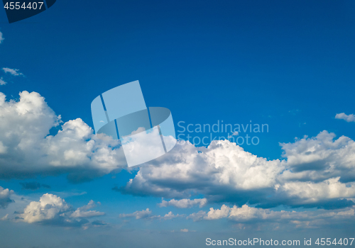 Image of Beautiful clouds with blue sky background at summer sunset. Aerial view from drone.