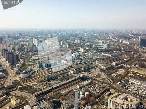 Image of Panoramic view of the city of Kiev with modern high-rise buildings and a railway station