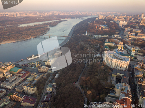 Image of Ministry of the Interior, Pochtovaya Ploshcha, River Station and Pedestrian Bridge across the Dnieper River in the city of Kiev