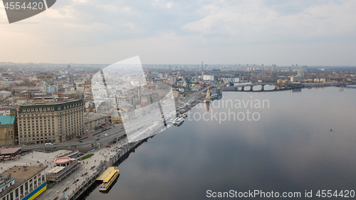 Image of Beautiful View of the Dnieper river, River station, Havana bridge and Naberezhno-Kreschatitska street in Kiev, Ukraine.