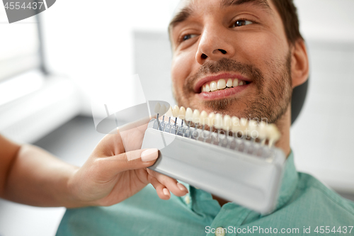 Image of dentist choosing tooth color for patient at clinic