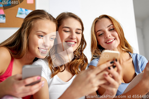 Image of friends or teen girls with smartphones at home