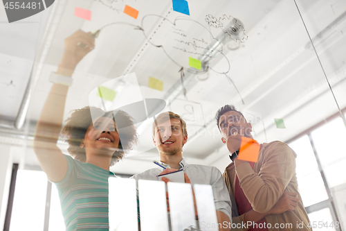 Image of happy creative team at office glass board