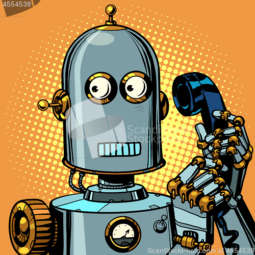 Image of scared funny robot talking on a retro phone