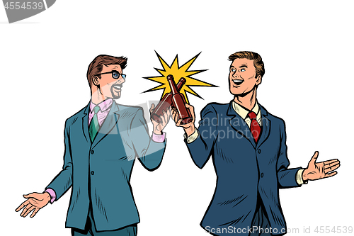 Image of two businessman cheers bottles of beer for success