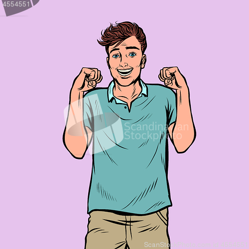Image of happy young man expectation anticipation happiness cute