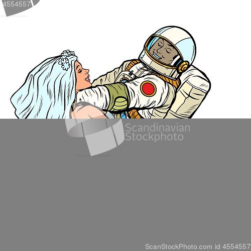 Image of bride and groom at the wedding. astronaut and his wife