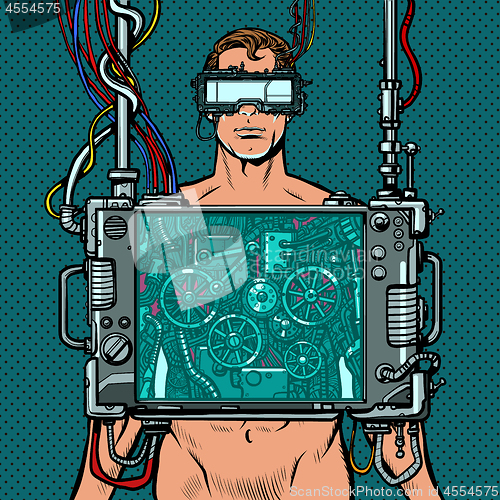 Image of cyberpunk male robot wearing virtual reality glasses