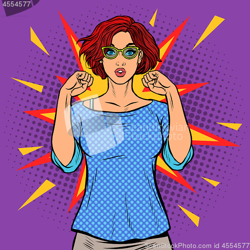 Image of strong woman. beautiful serious nerd girl