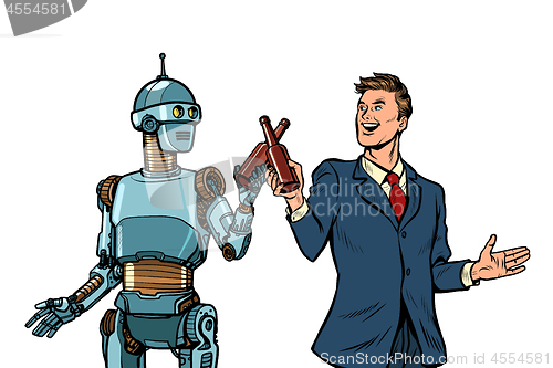 Image of Businessman and robot cheers beer bottles. technological development concept. it industry