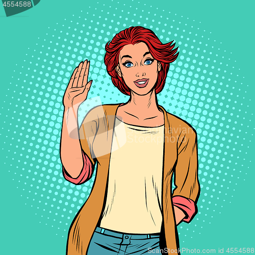 Image of young woman gesture Hello