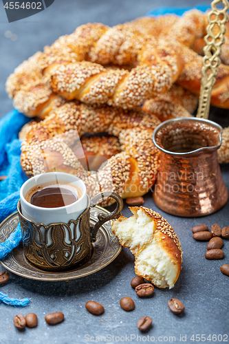 Image of Fresh Turkish bagels with black coffee.