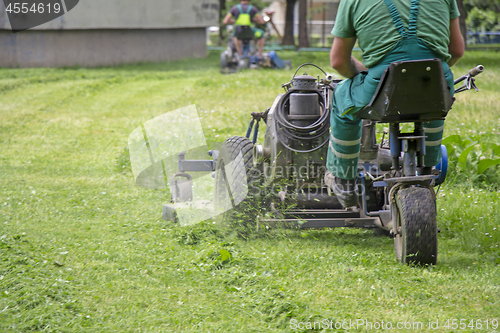 Image of Worker mowing grass in a city park