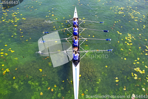 Image of Men's quadruple rowing team on green water