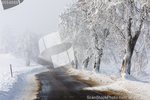 Image of countryside rural winter road going in to the fog