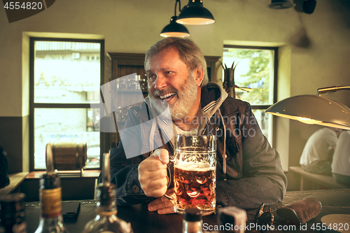 Image of The senior bearded male drinking beer in pub