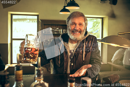Image of The senior bearded male drinking beer in pub
