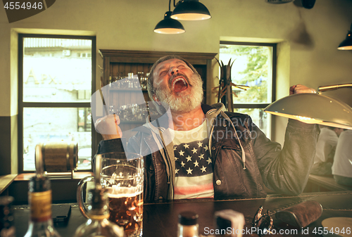 Image of The senior bearded male drinking beer in pub