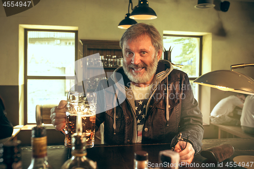 Image of The senior bearded male drinking beer in pub