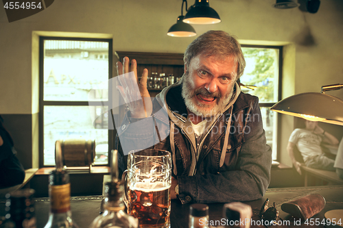 Image of The senior bearded male drinking beer in pub