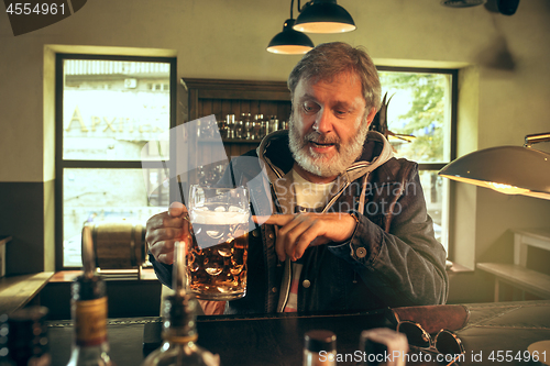 Image of The senior bearded male drinking beer in pub