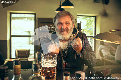 Image of The senior bearded male drinking beer in pub