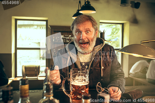 Image of The senior bearded male drinking beer in pub