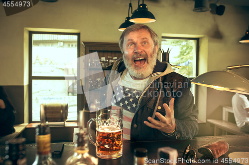 Image of The senior bearded male drinking beer in pub