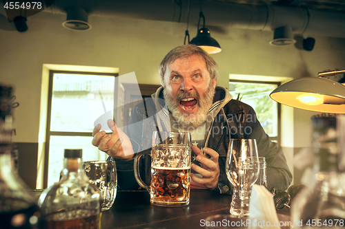 Image of The senior bearded male drinking beer in pub