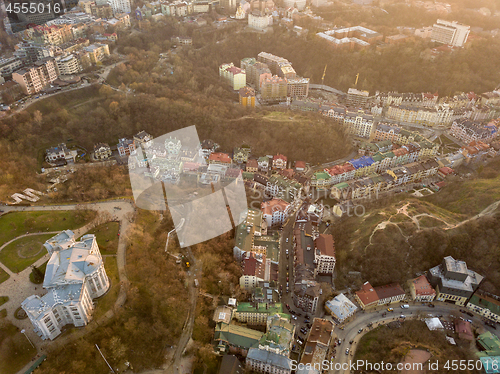 Image of Aerial view of Vozdvizhenka district and museum of Kiev history at sunset. Ukraine.